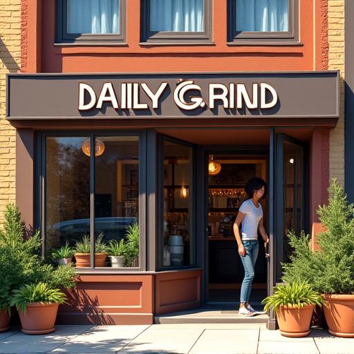 The sunny exterior of The Daily Grind Coffee House with a customer entering.